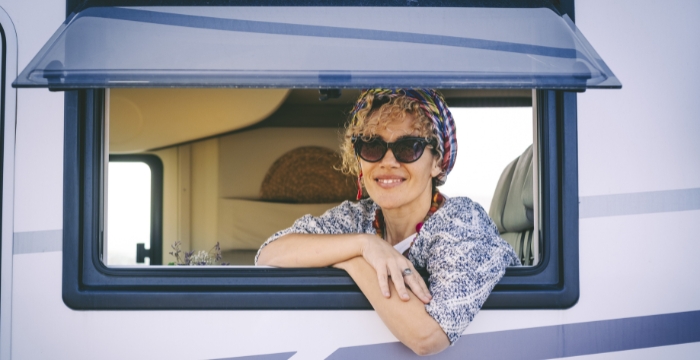 Woman smiling in an RV